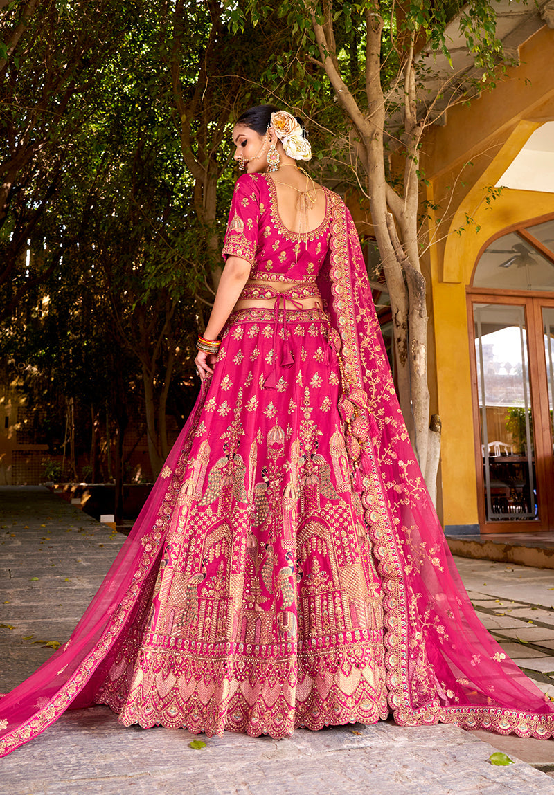 Rani Pink Heavy Zarkan Diamond & Mirror Hand Embroidery Silk Bridal Lehenga Choli With Double Dupatta