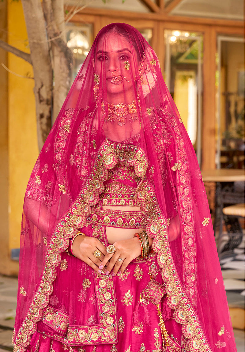 Rani Pink Heavy Zarkan Diamond & Mirror Hand Embroidery Silk Bridal Lehenga Choli With Double Dupatta