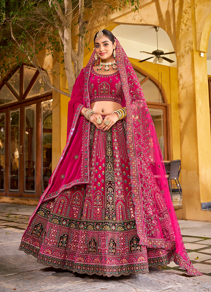 Rani Pink Heavy Zarkan Diamond & Mirror Hand Embroidery Velvet Bridal Lehenga Choli With Double Dupatta