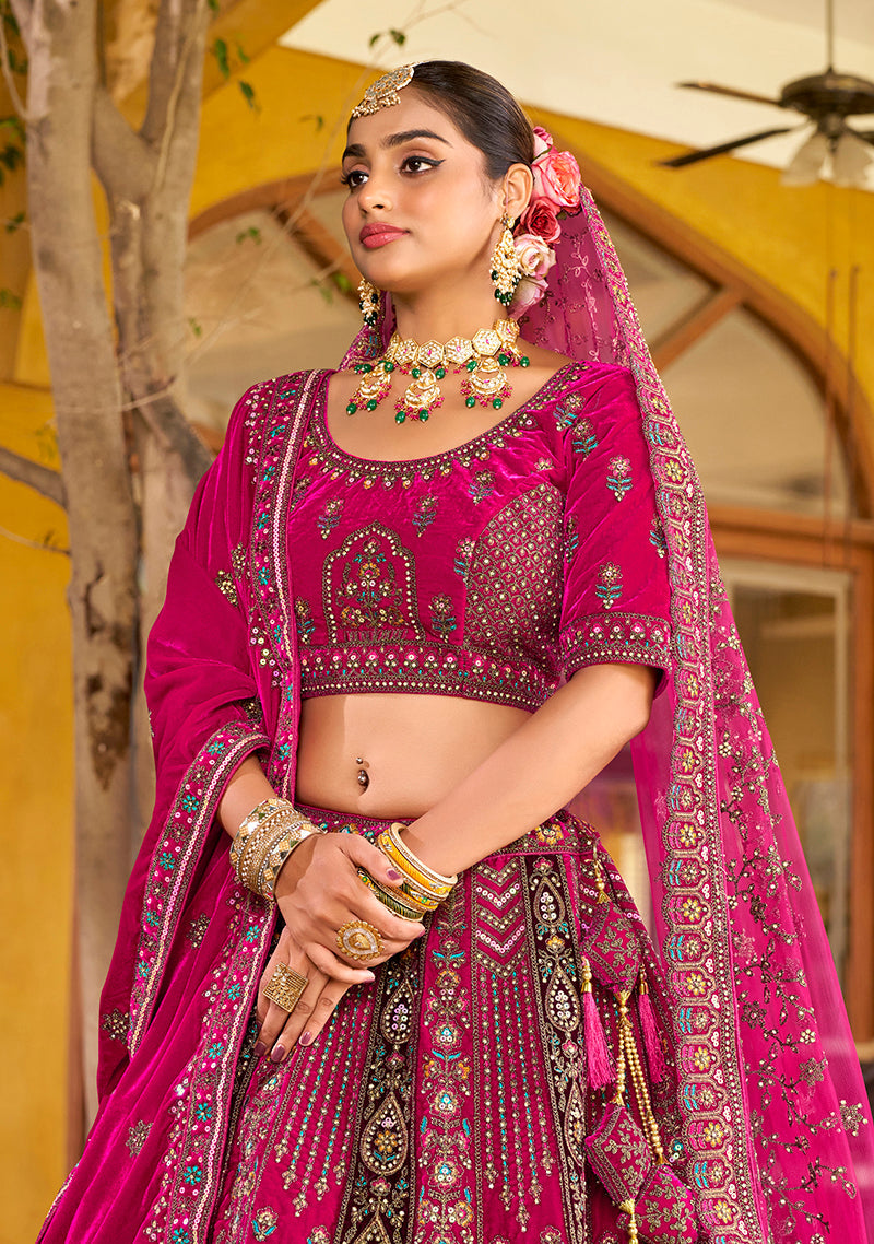Rani Pink Heavy Zarkan Diamond & Mirror Hand Embroidery Velvet Bridal Lehenga Choli With Double Dupatta