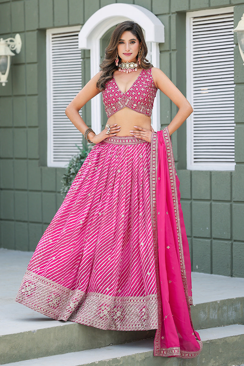 Rani Pink Leheriya Print Embroidered Faux Georgette Lehenga Choli