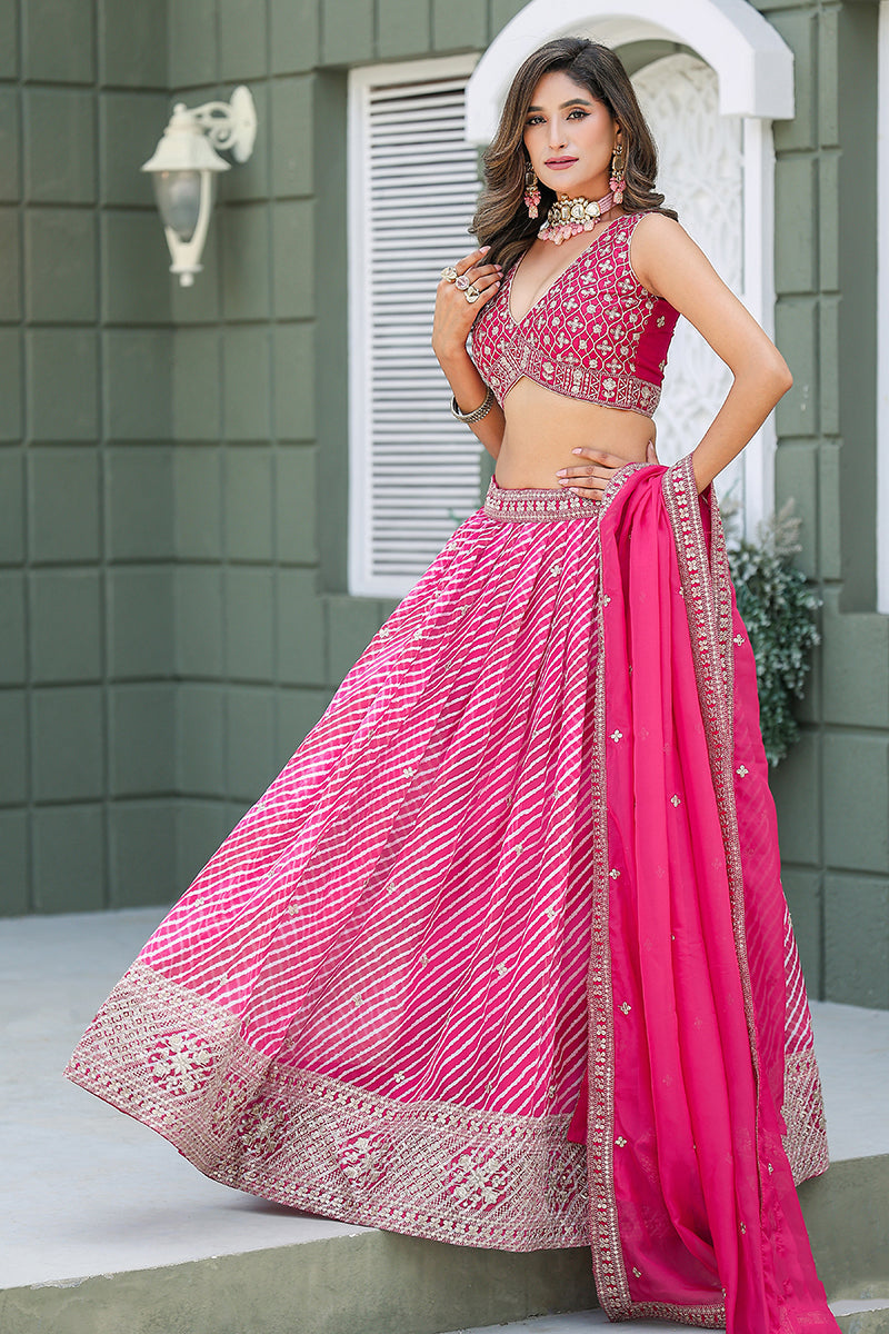 Rani Pink Leheriya Print Embroidered Faux Georgette Lehenga Choli