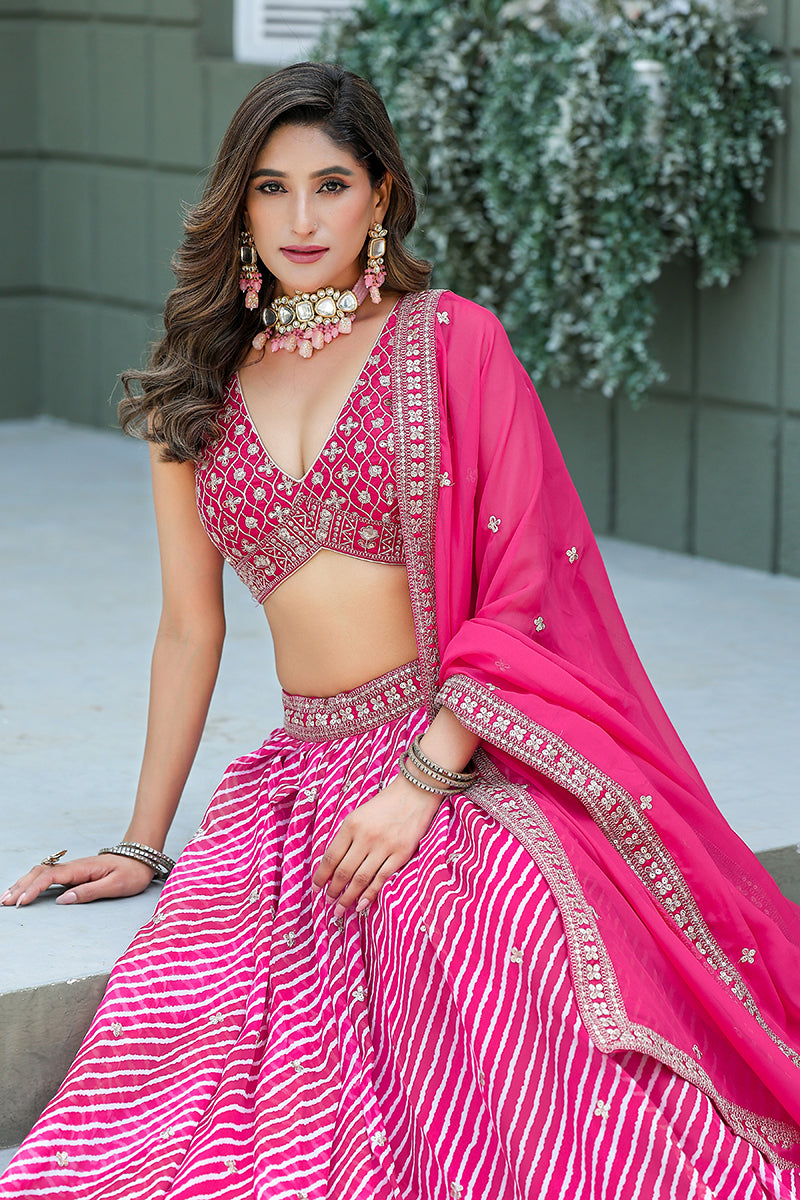 Rani Pink Leheriya Print Embroidered Faux Georgette Lehenga Choli