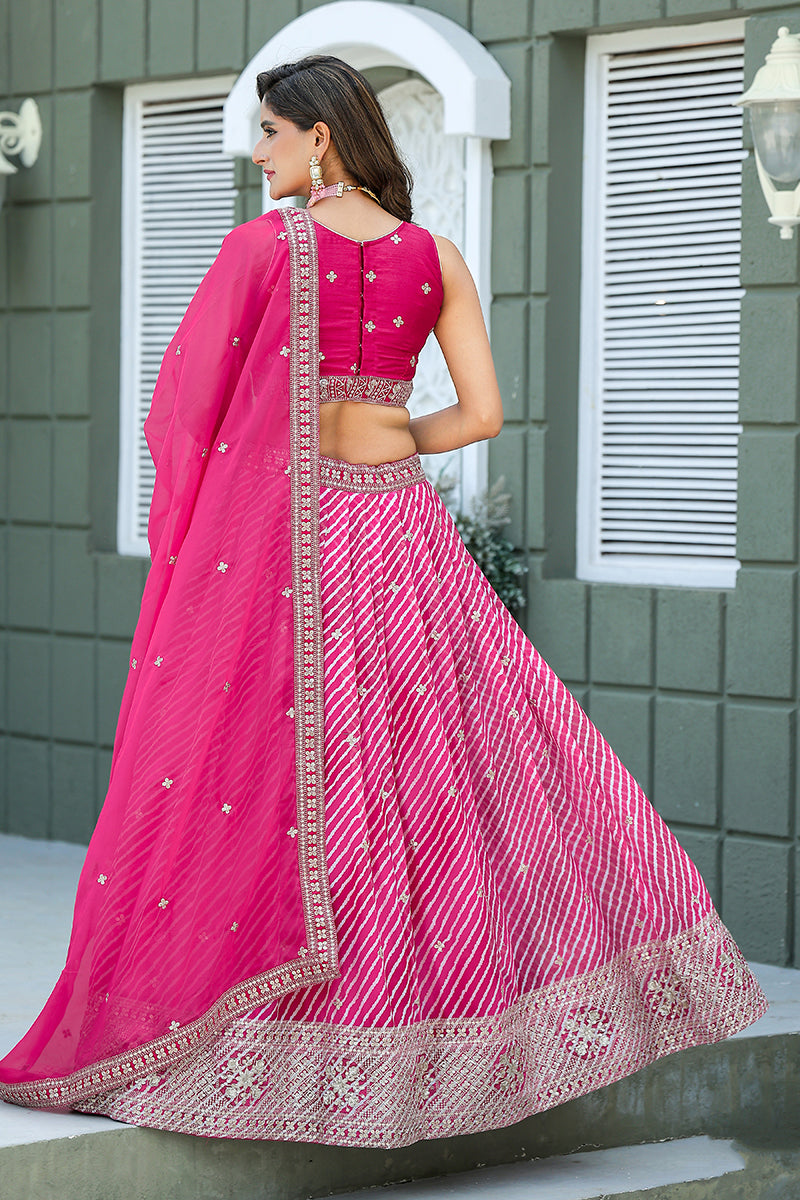 Rani Pink Leheriya Print Embroidered Faux Georgette Lehenga Choli