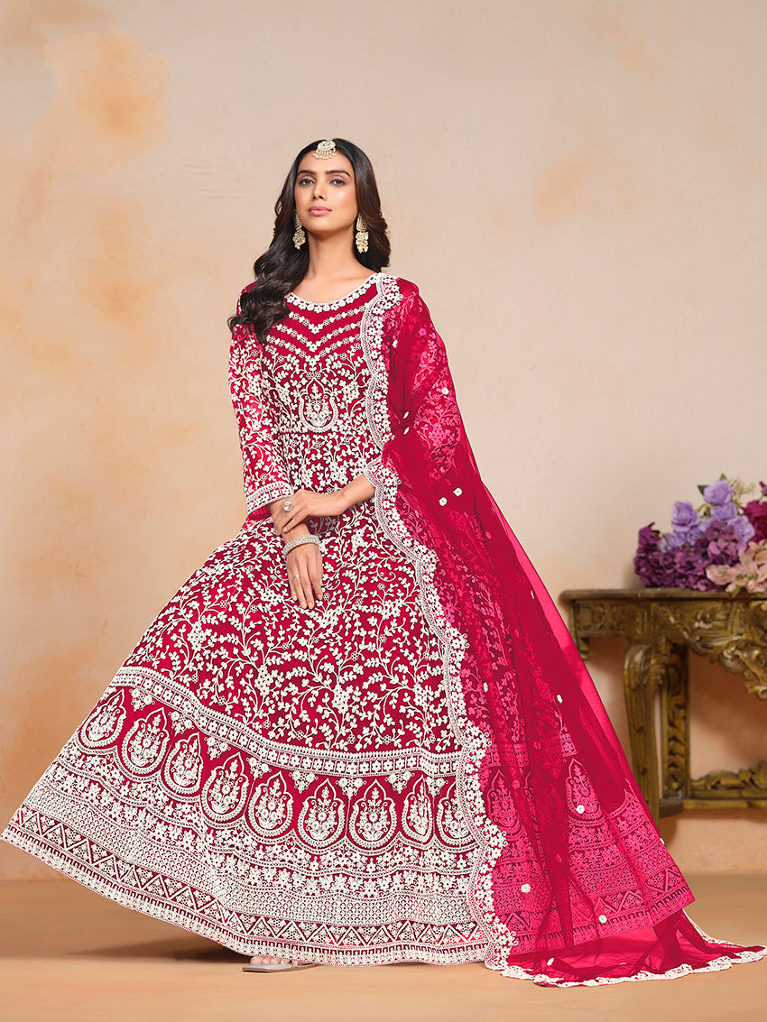 Rani Pink Net Embroidered Wedding Floor Length Anarkali Suit
