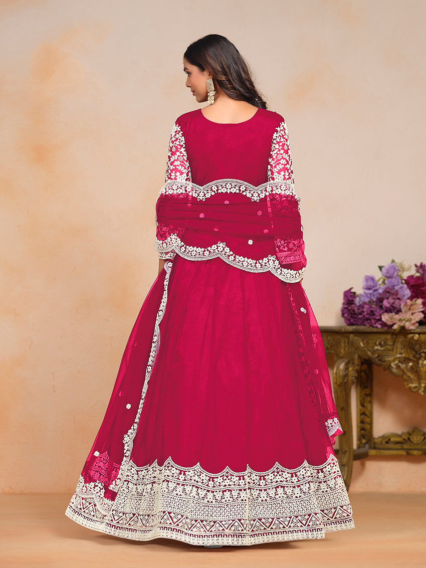 Rani Pink Net Embroidered Wedding Floor Length Anarkali Suit