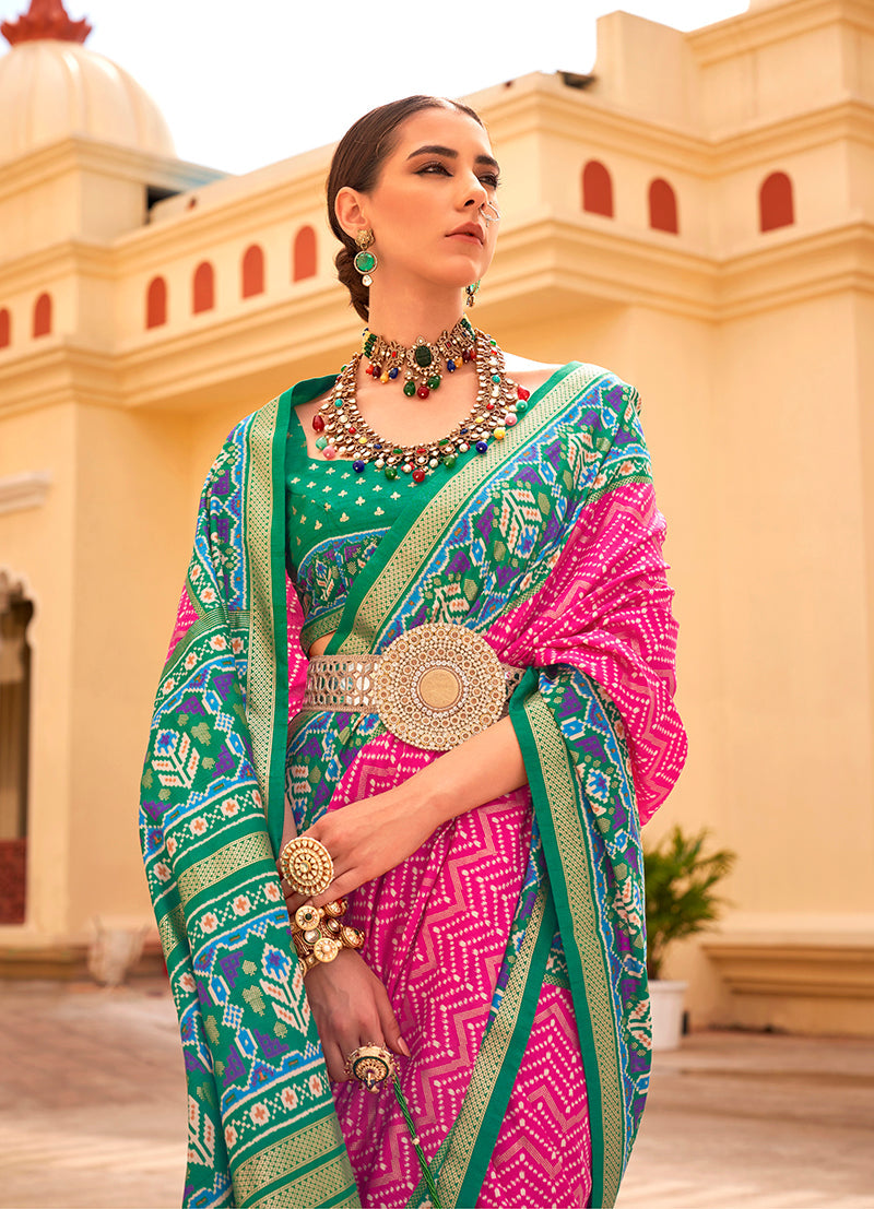 Rani Pink Patola Print Zari Weaving Silk Saree