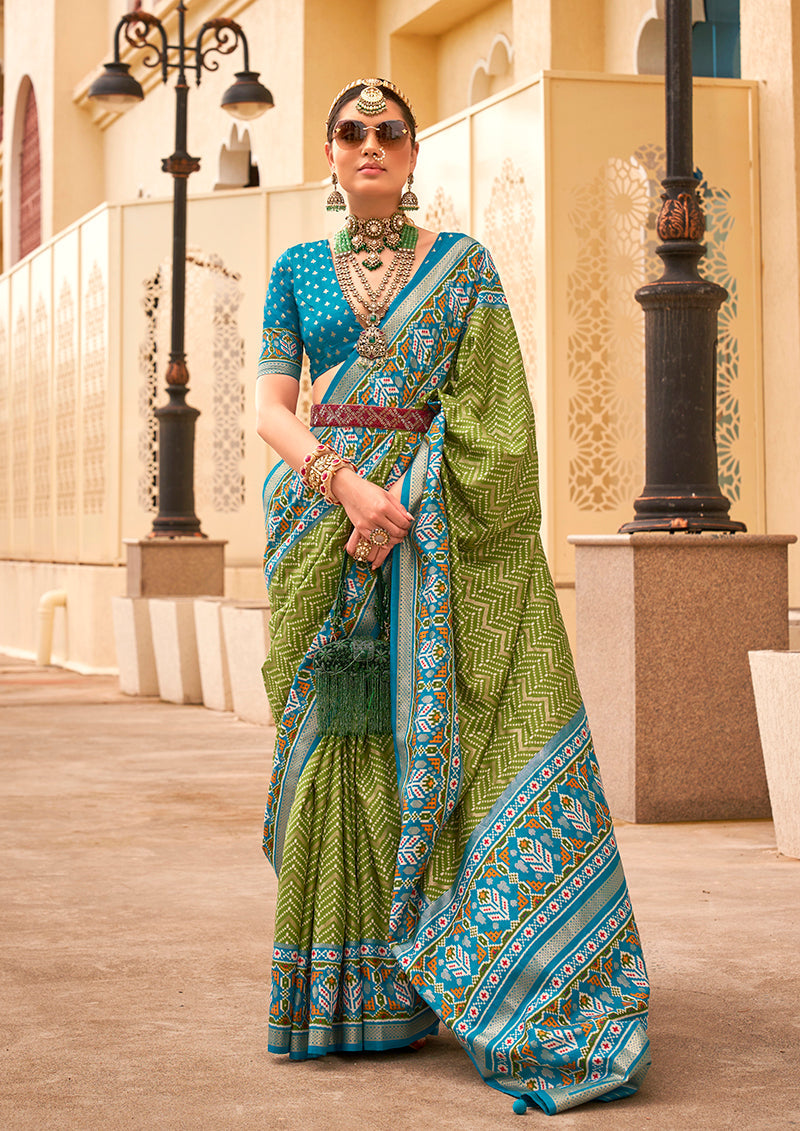 Olive Green Patola Print Zari Weaving Silk Saree