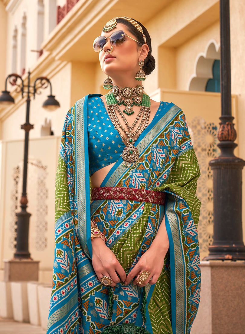 Olive Green Patola Print Zari Weaving Silk Saree