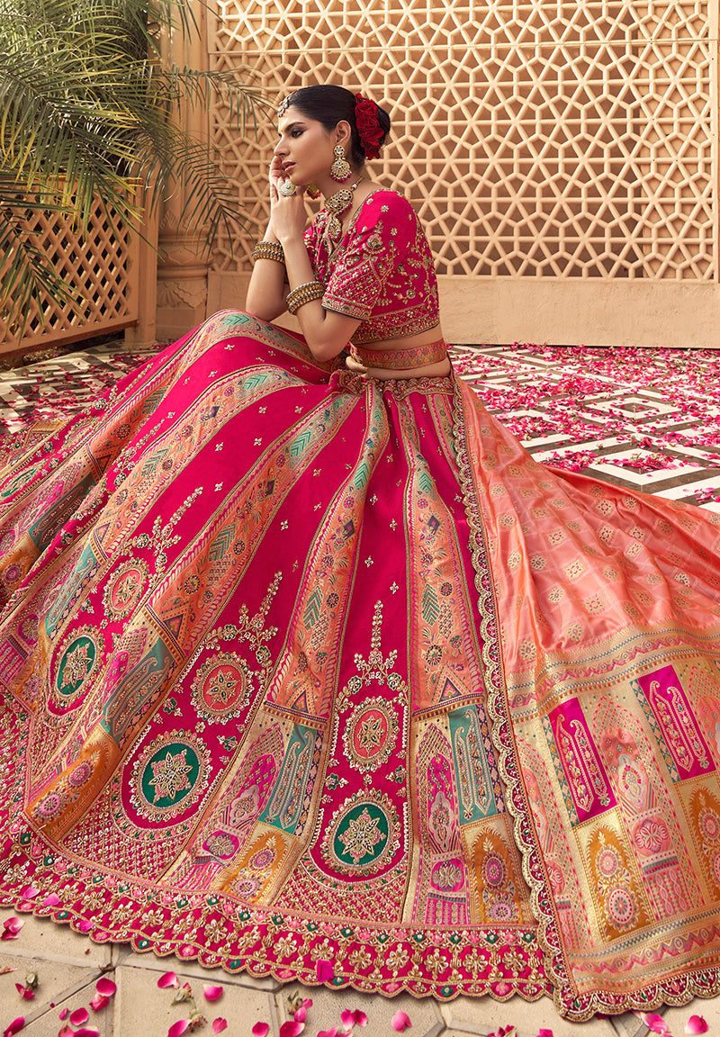 Rani Pink & Peach Banarasi Silk Wedding Wear Lehenga With Embroidery Work