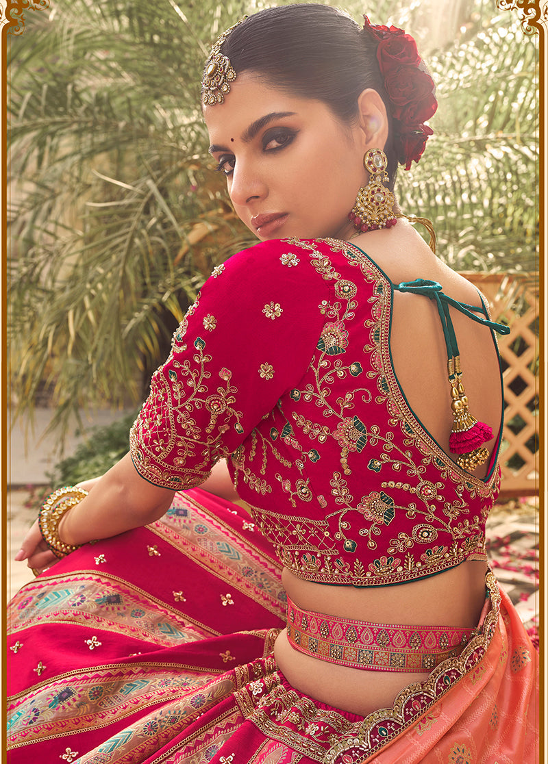 Rani Pink & Peach Banarasi Silk Wedding Wear Lehenga With Embroidery Work