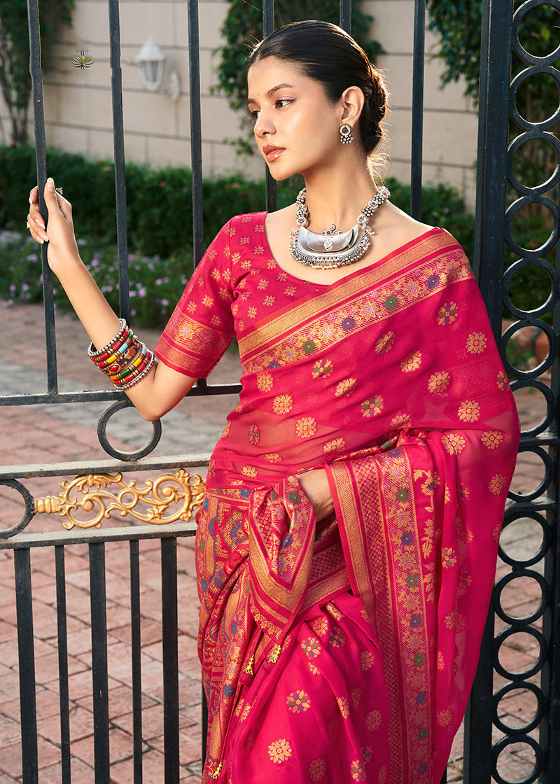 Rani Pink Poly Viscose Georgette Meenakari Jaal Banarasi Saree