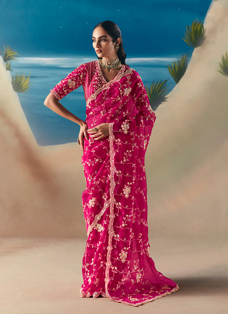 Rani Pink Premium Fancy Fabric With Designer Embroidery Sequence Work Saree