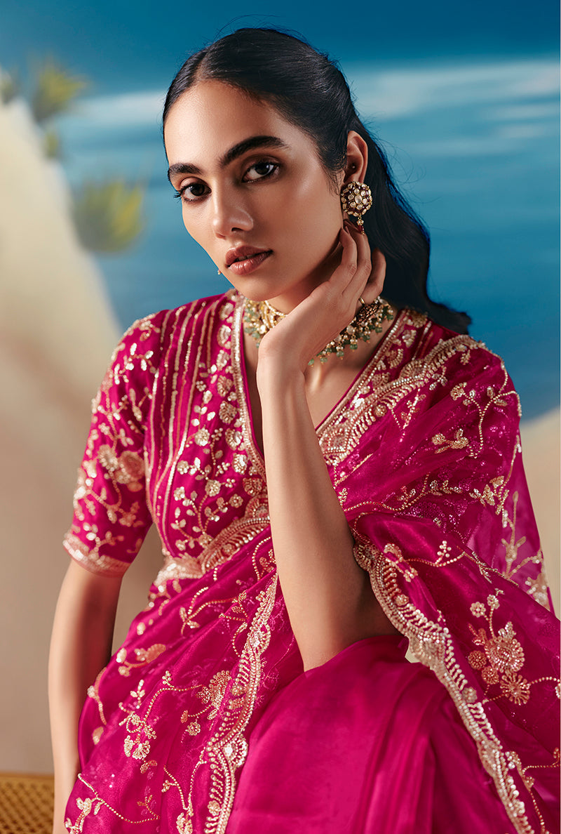Rani Pink Premium Fancy Fabric With Designer Embroidery Sequence Work Saree