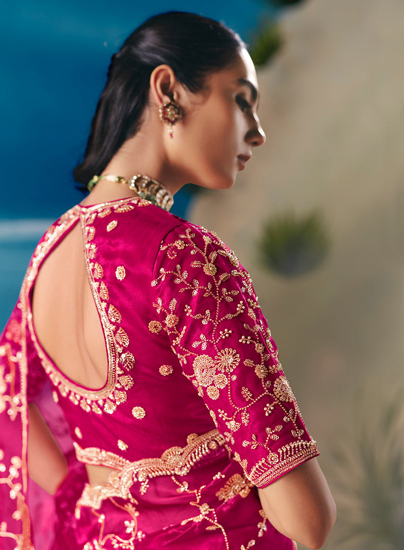 Rani Pink Premium Fancy Fabric With Designer Embroidery Sequence Work Saree