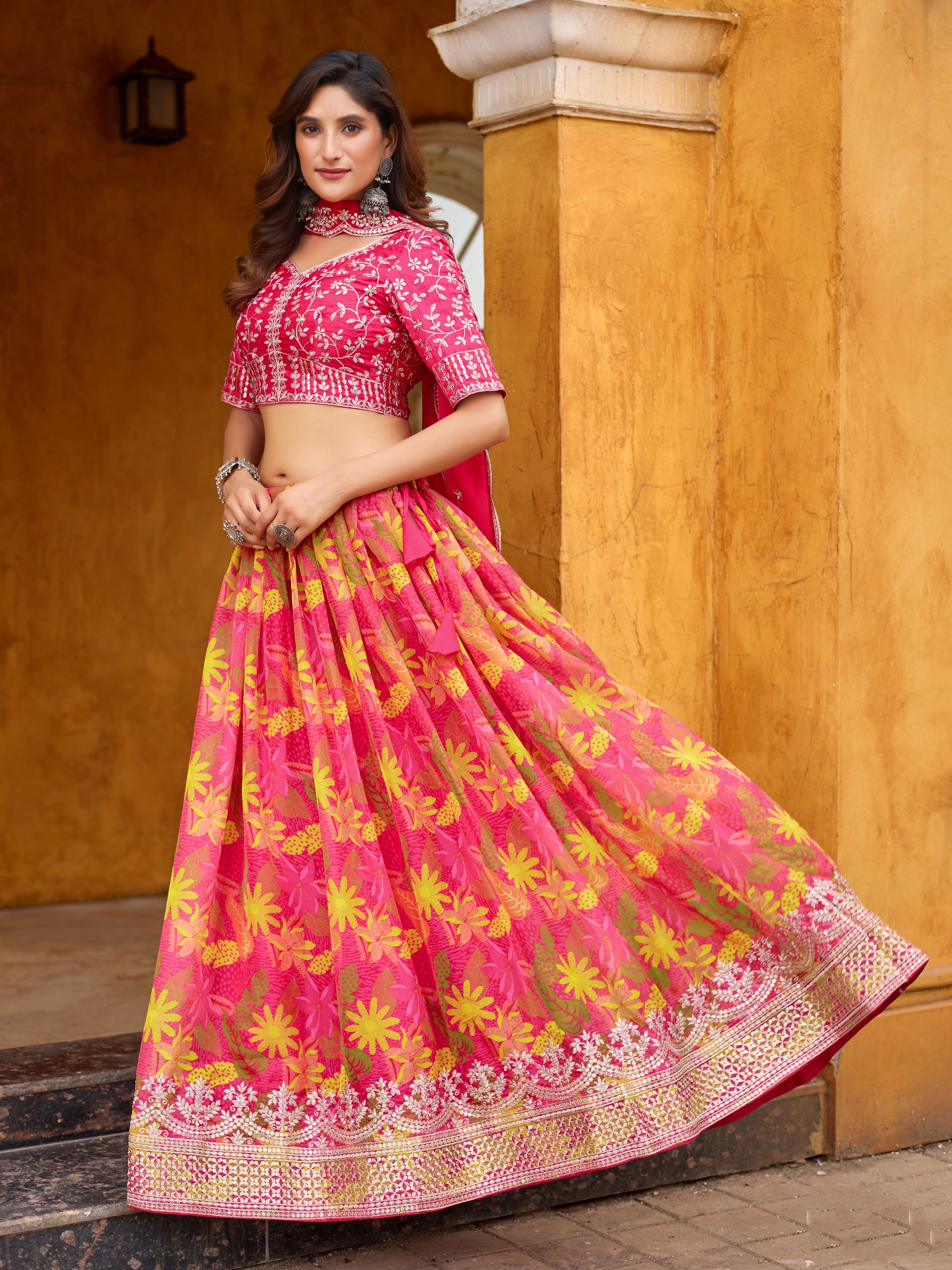 Rani Pink Printed Embroidered Taby Silk Trendy Lehenga Choli