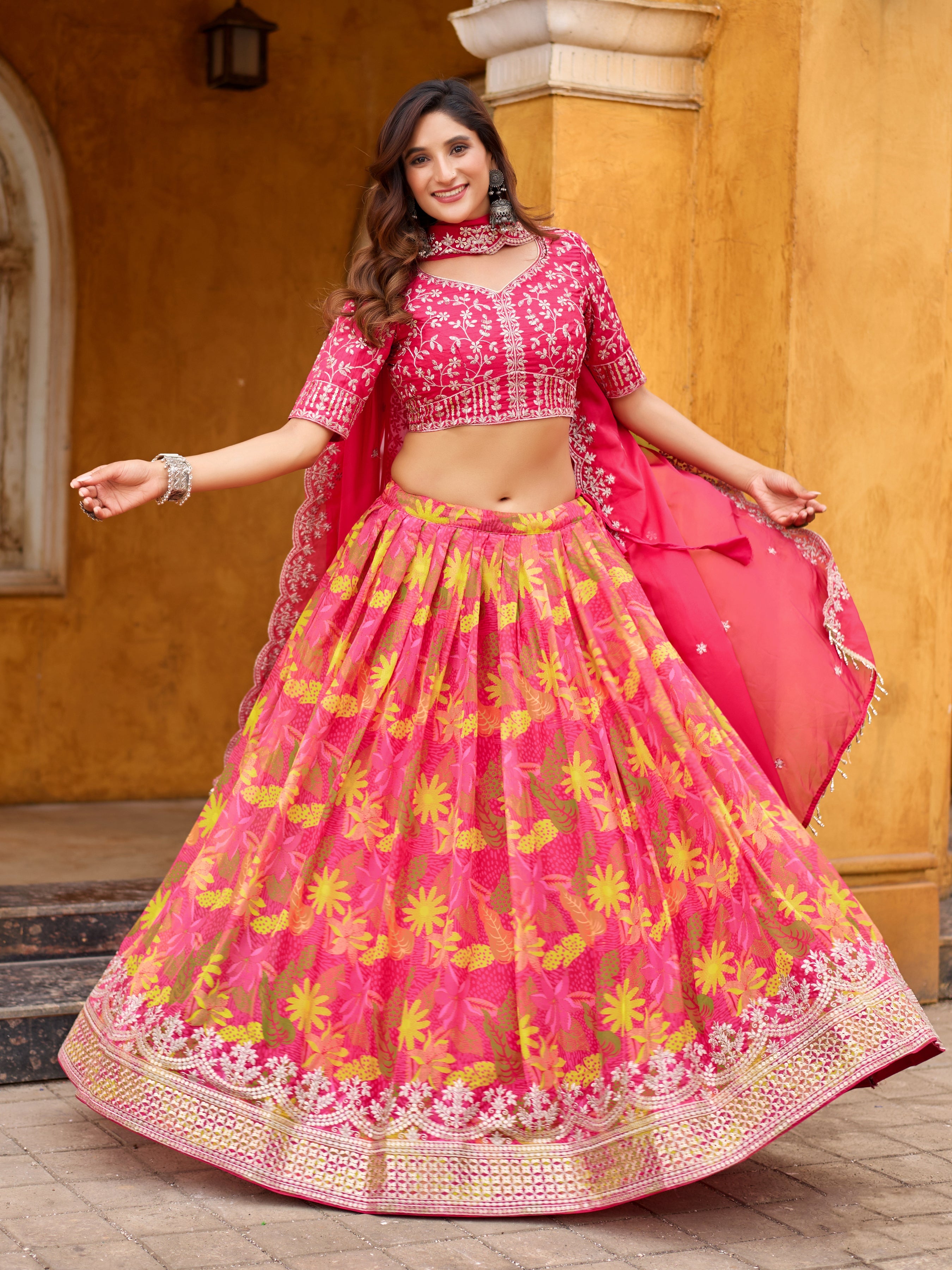 Rani Pink Printed Embroidered Taby Silk Trendy Lehenga Choli