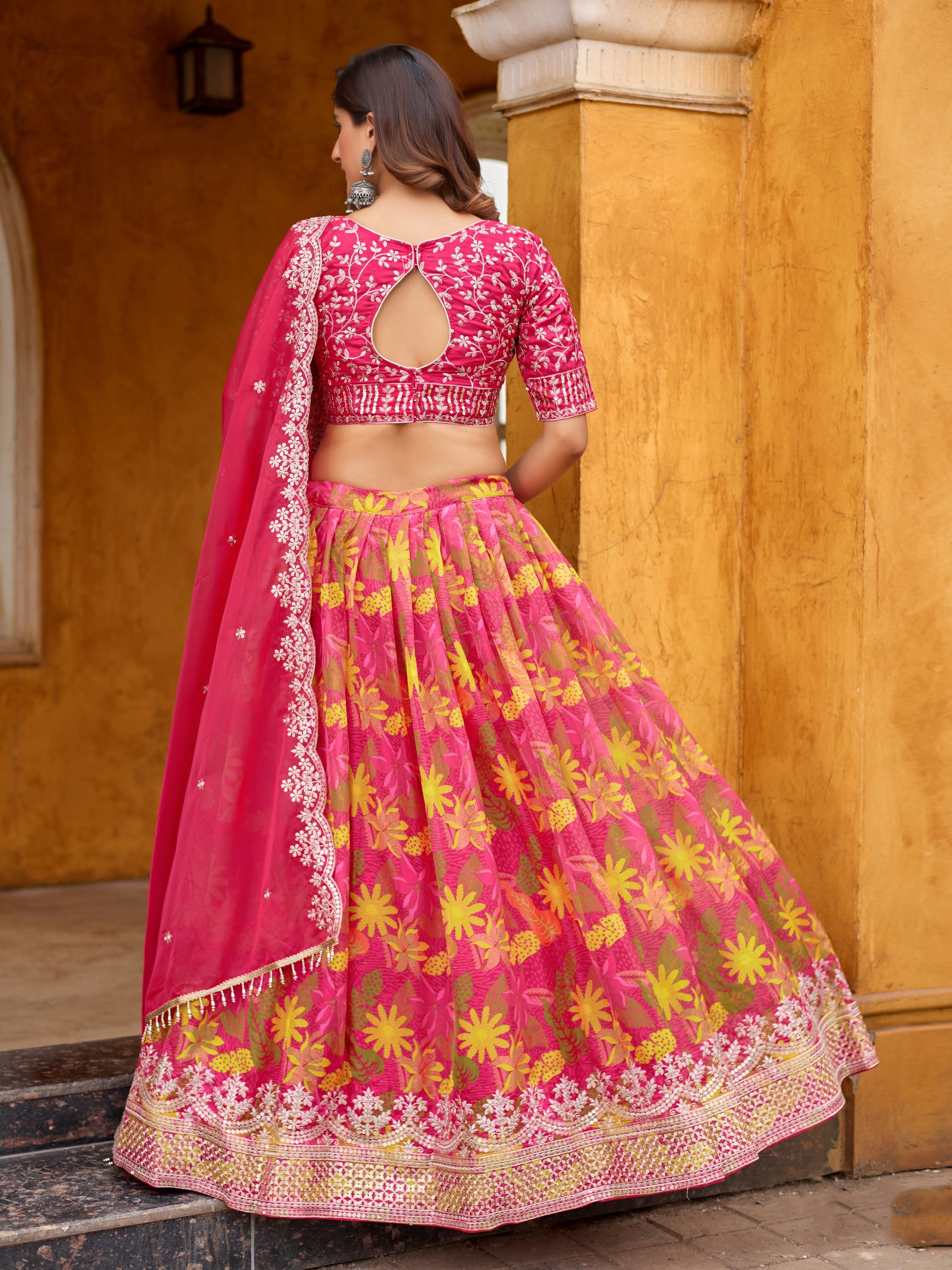 Rani Pink Printed Embroidered Taby Silk Trendy Lehenga Choli