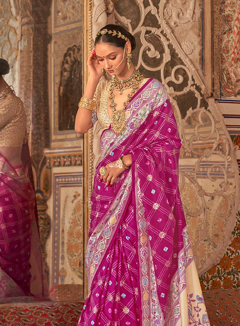 Rani Pink Silk Bandhej Print With Paithani Border Saree