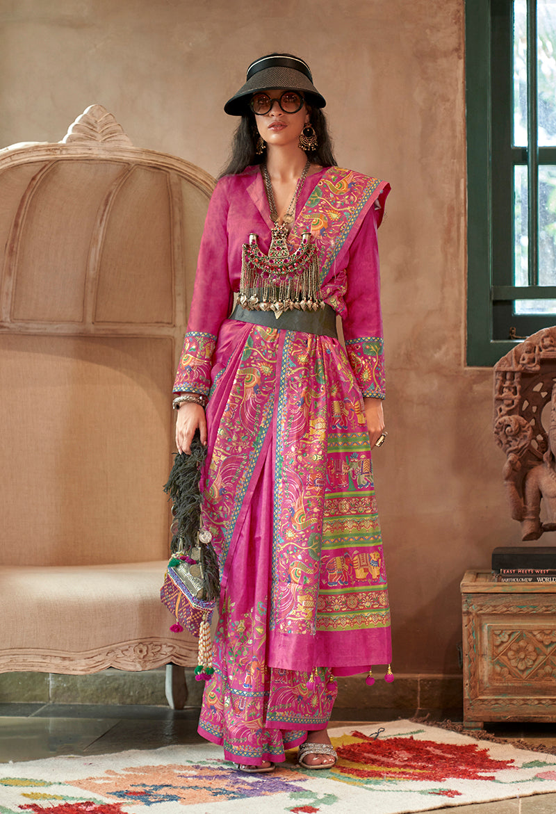 Rani Pink Silk Luxury Print With Glory Finish Ceremonial Saree