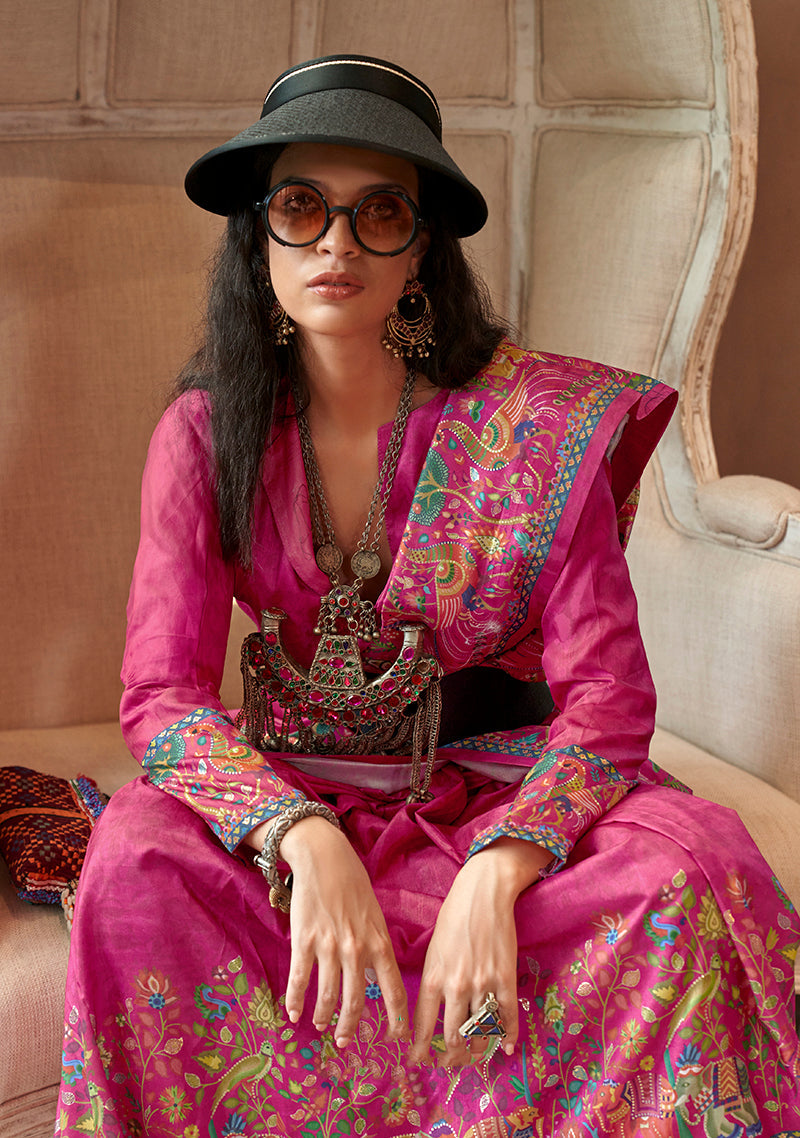 Rani Pink Silk Luxury Print With Glory Finish Ceremonial Saree