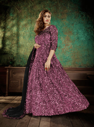 Lavender Velvet  Sequence Floor Length Anarkali Suit
