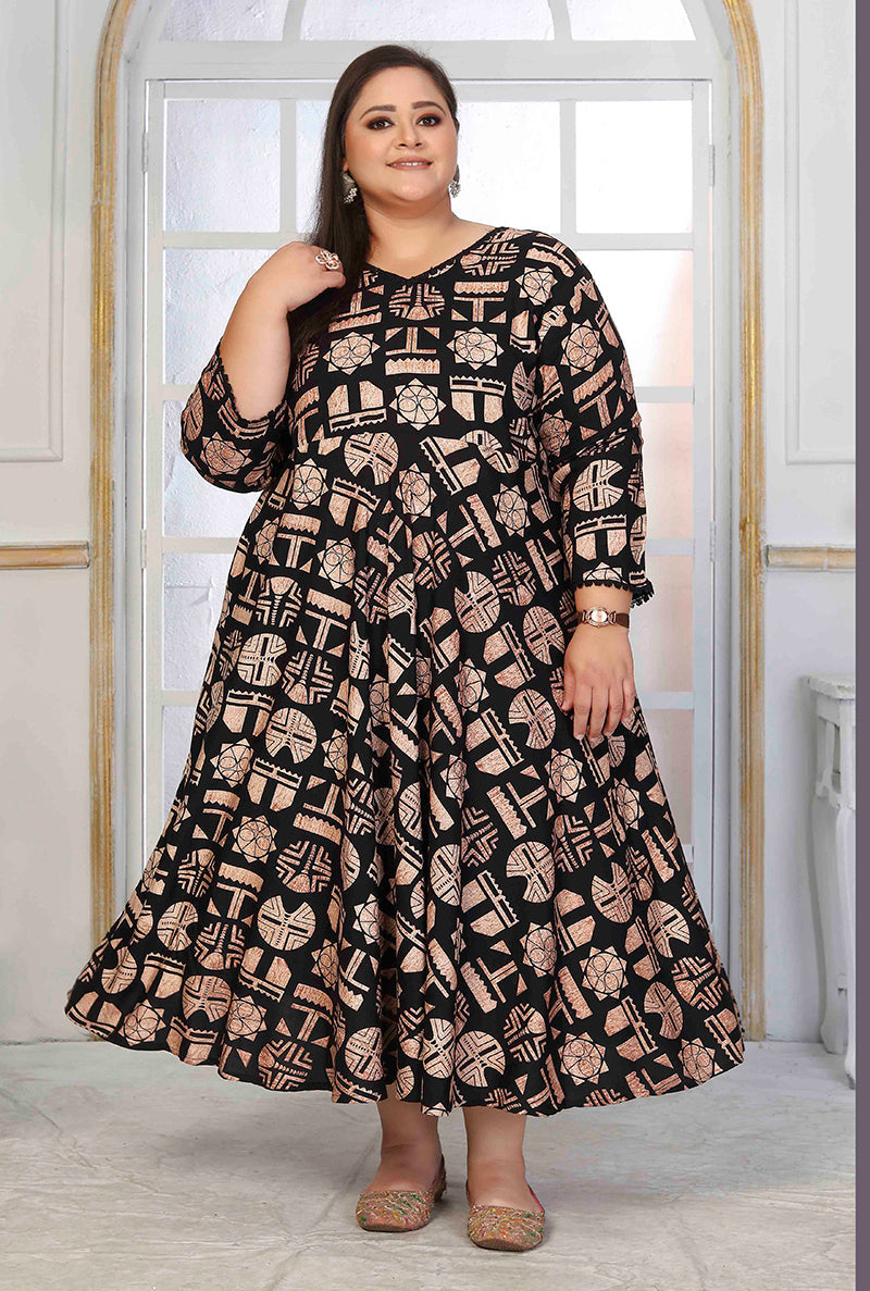 Rayon Printed Black Designer Floor Length Kurti