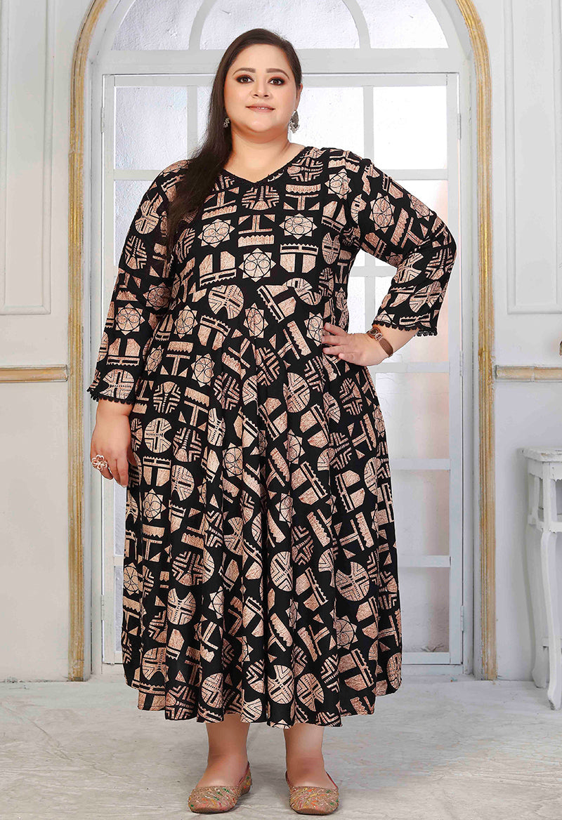 Rayon Printed Black Designer Floor Length Kurti