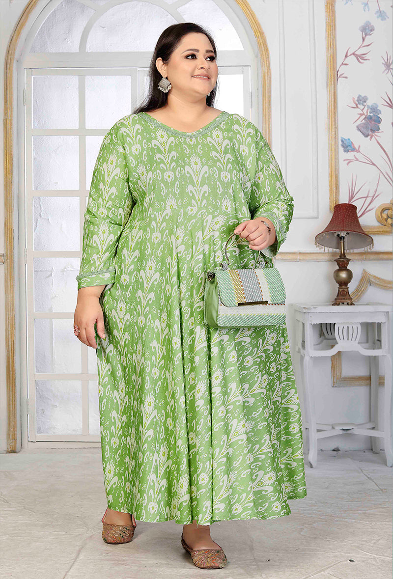 Rayon Printed Light Green Designer Floor Length Plus Size Kurti