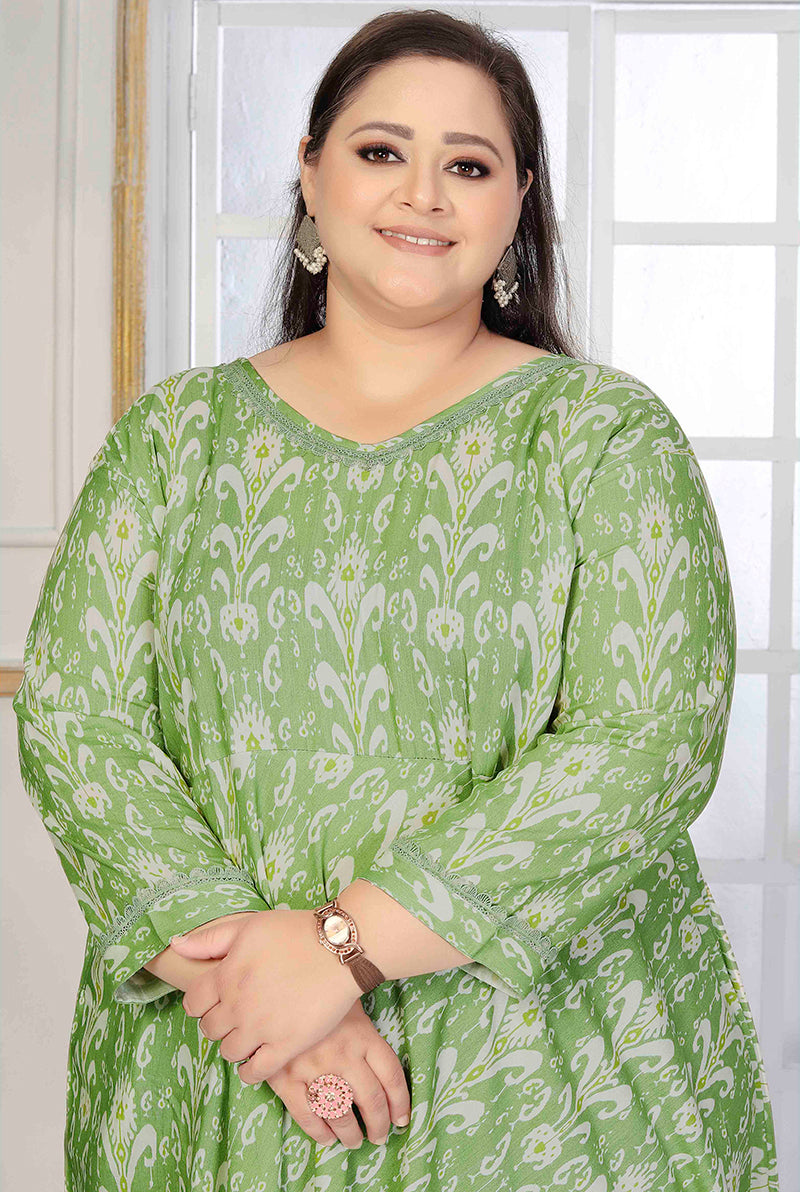 Rayon Printed Light Green Designer Floor Length Plus Size Kurti