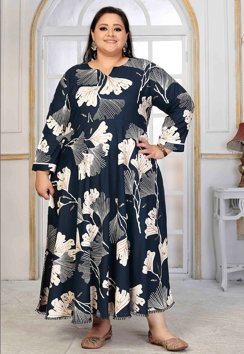 Rayon Printed Navy blue Designer Floor Length Kurti