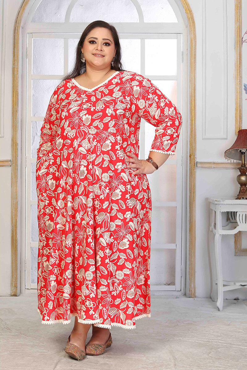 Rayon Printed Red Designer Floor Length Plus Size Kurti