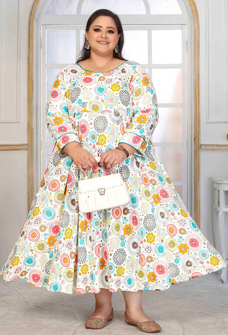 Rayon Printed White Designer Floor Length Plus Size Kurti