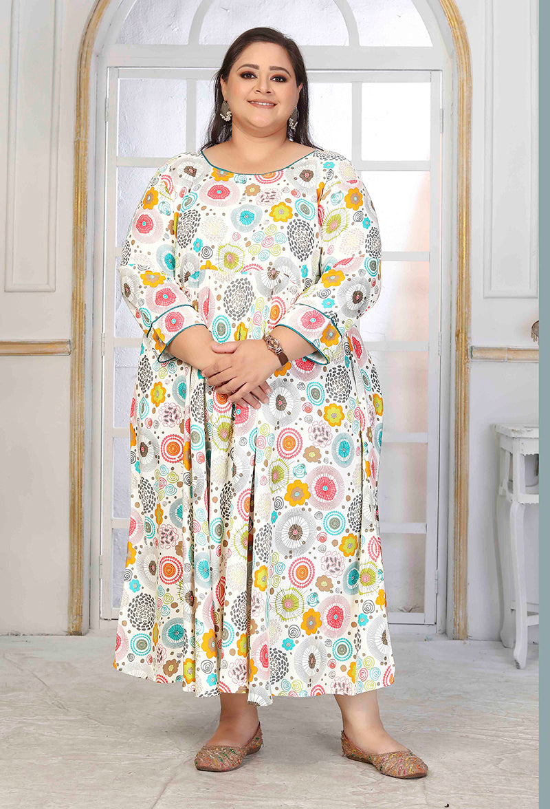 Rayon Printed White Designer Floor Length Plus Size Kurti