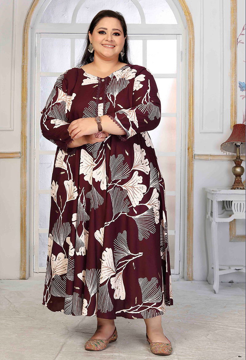 Rayon Printed Wine Designer Floor Length Kurti