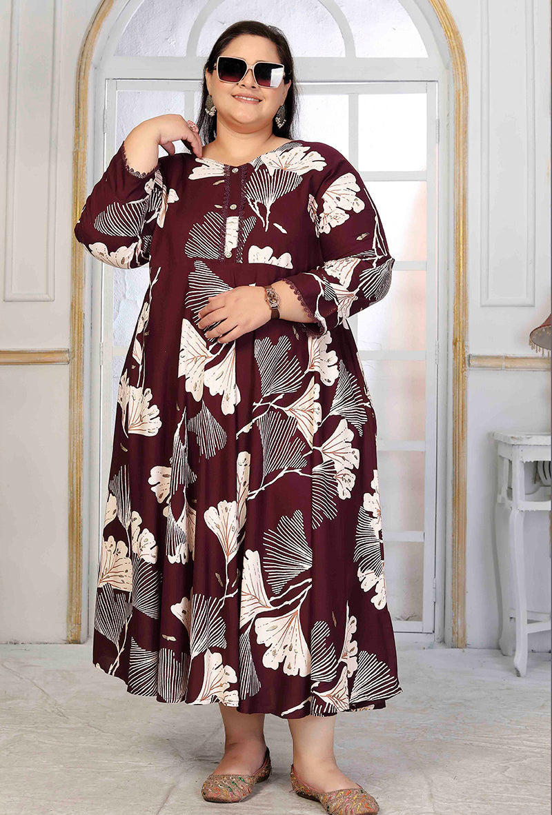 Rayon Printed Wine Designer Floor Length Kurti