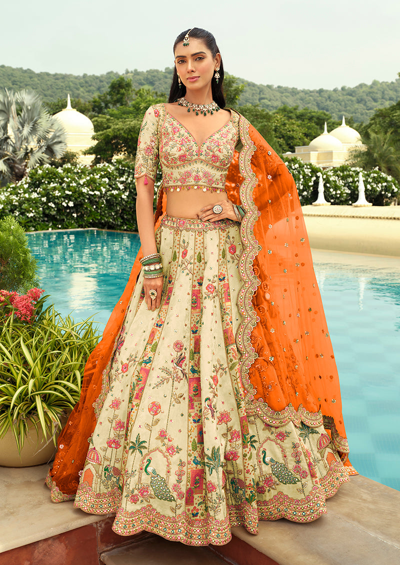 Readymade Lehenga Choli Heavy Work Embroidered Silk in Cream