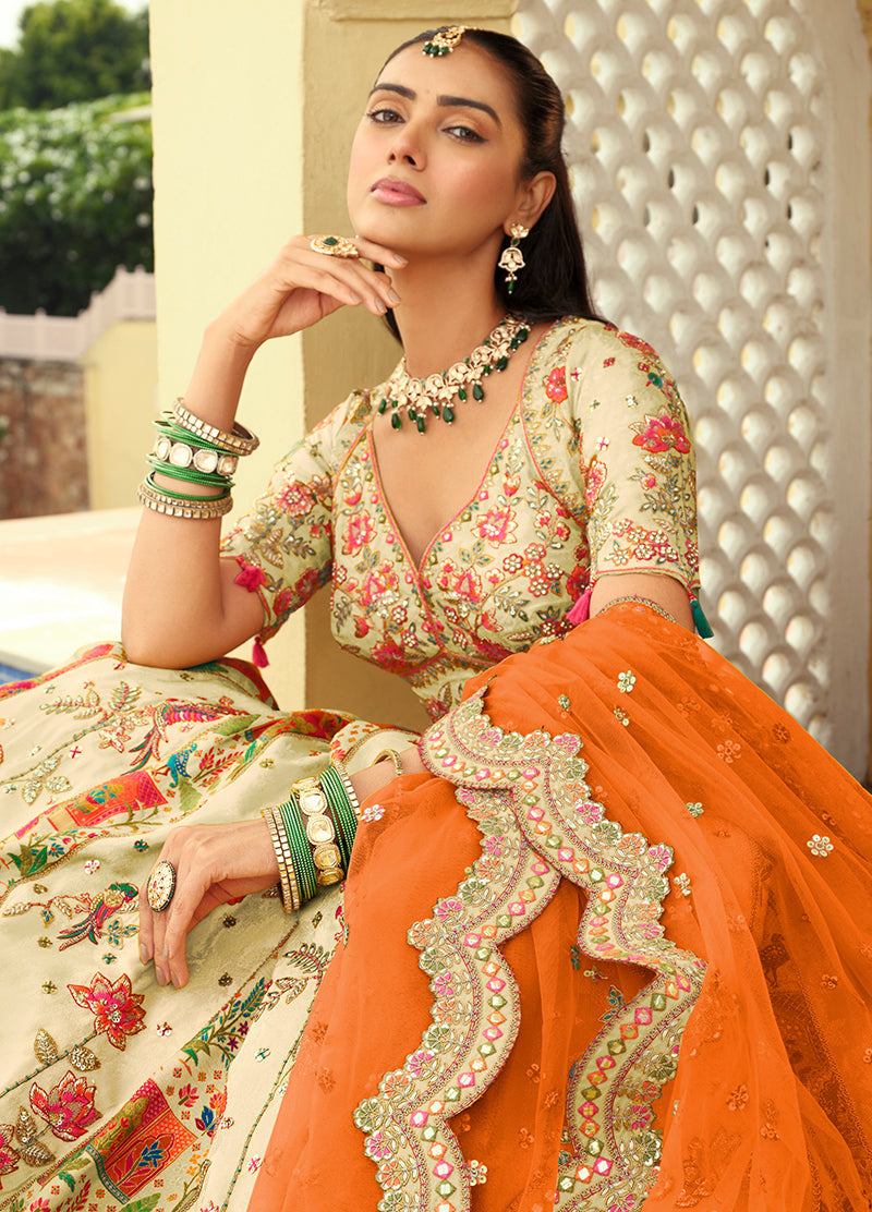 Readymade Lehenga Choli Heavy Work Embroidered Silk in Cream