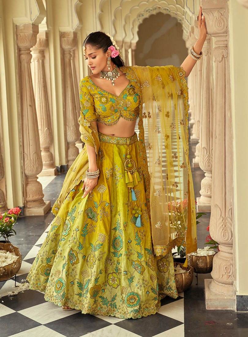 Readymade Lehenga Choli Heavy Work Embroidered Silk in Lemon