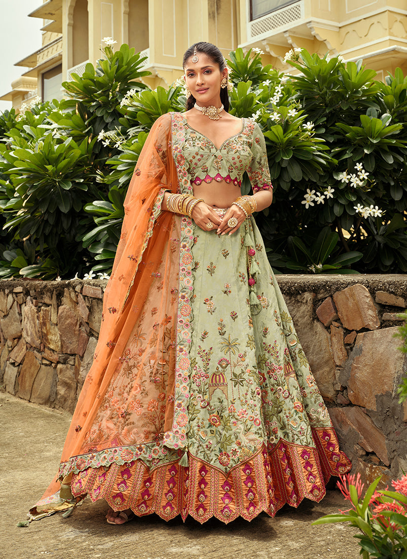 Readymade Lehenga Choli Heavy Work Embroidered Silk in Pastel green