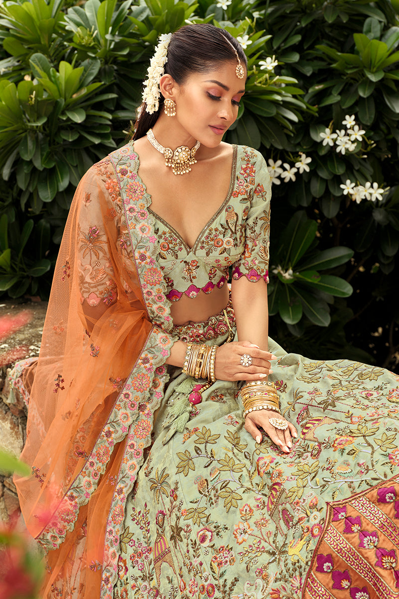 Readymade Lehenga Choli Heavy Work Embroidered Silk in Pastel green