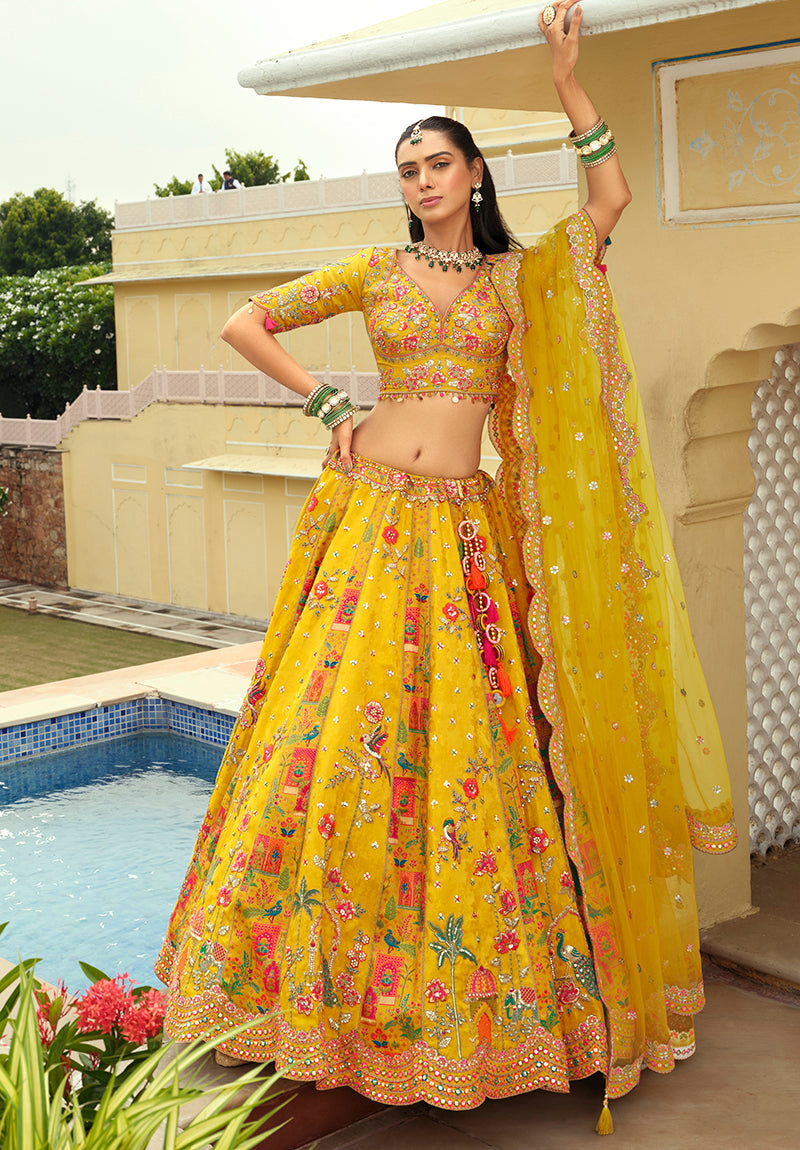 Readymade Lehenga Choli Heavy Work Embroidered Silk in Yellow