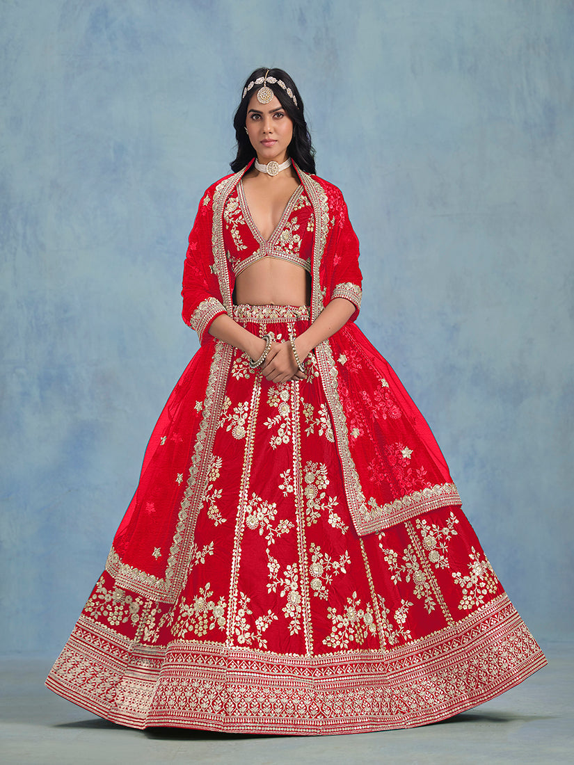 Red Art Silk Thread Embroidered Wedding Wear Lehenga Choli