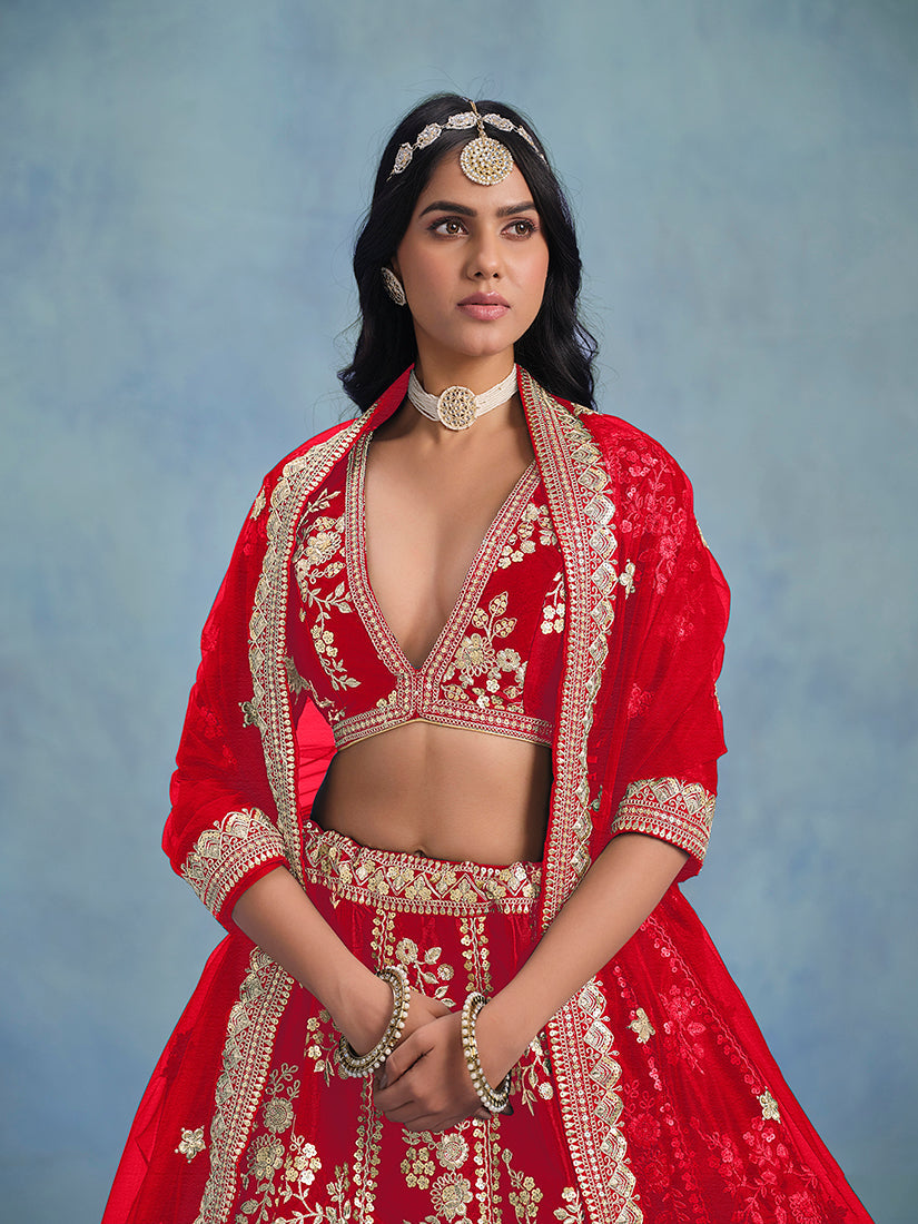 Red Art Silk Thread Embroidered Wedding Wear Lehenga Choli