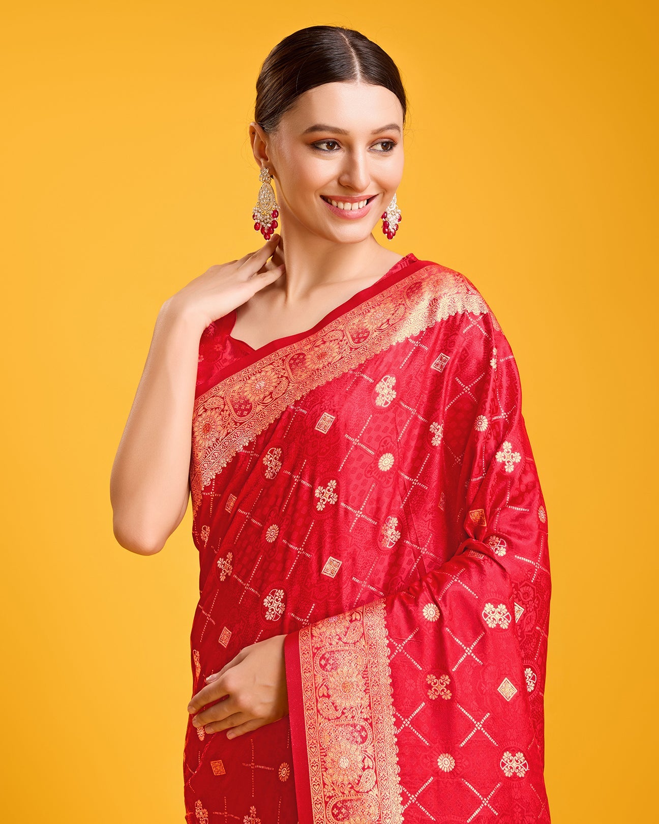 Red Banarasi Satin Silk Zari Woven Work Saree