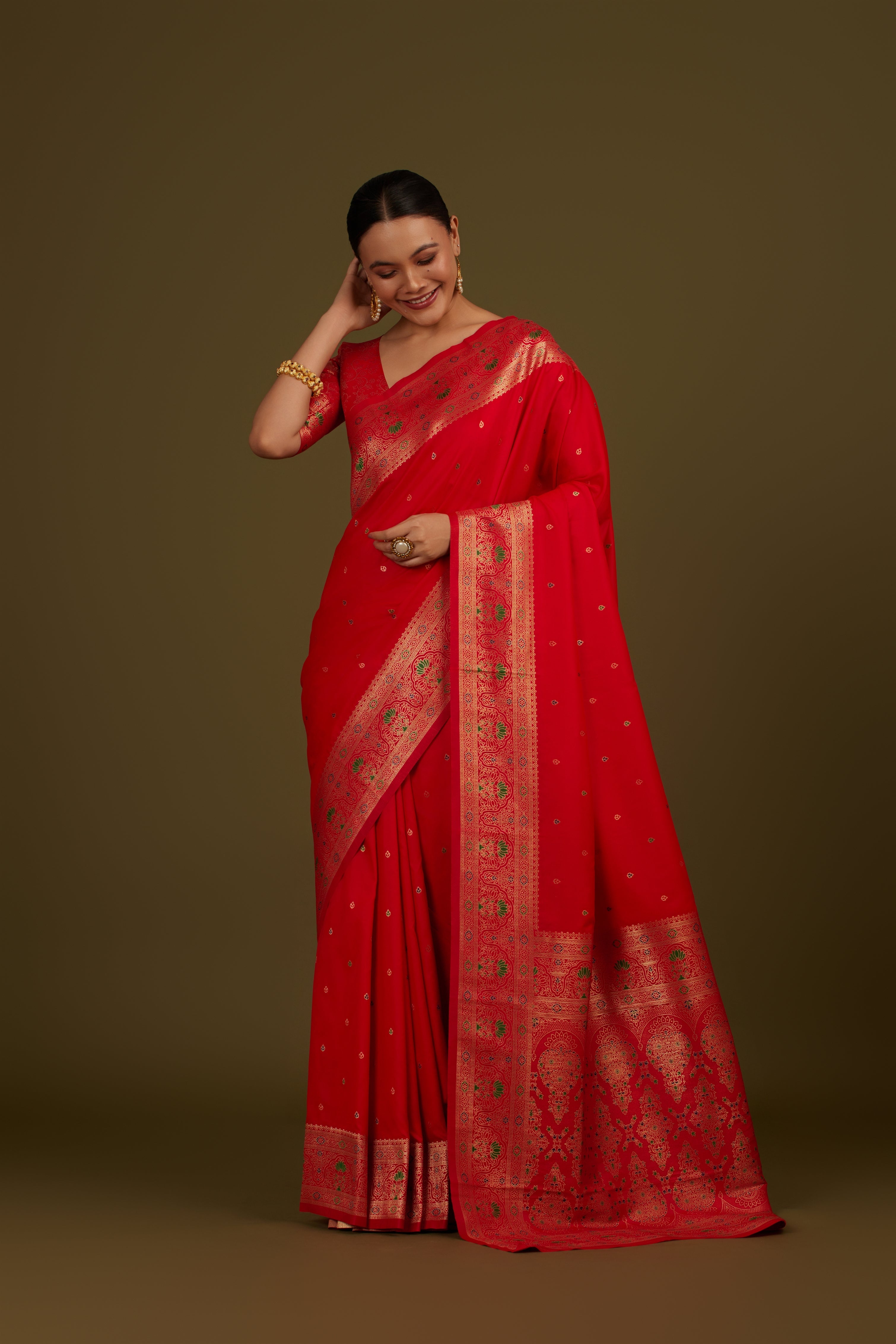 Red Banarasi Silk Blend Brocade Motifs Zari Woven Saree
