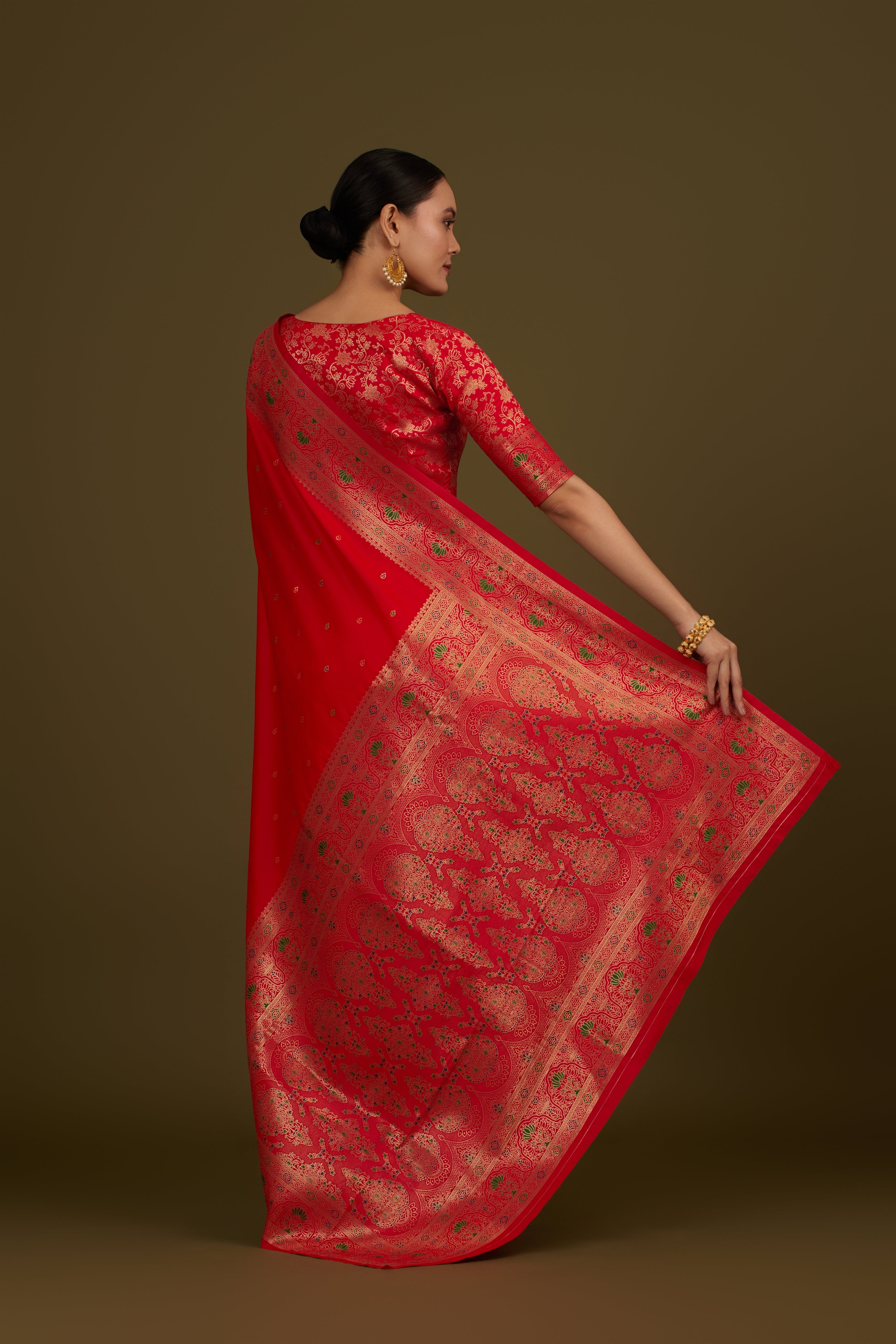 Red Banarasi Silk Blend Brocade Motifs Zari Woven Saree