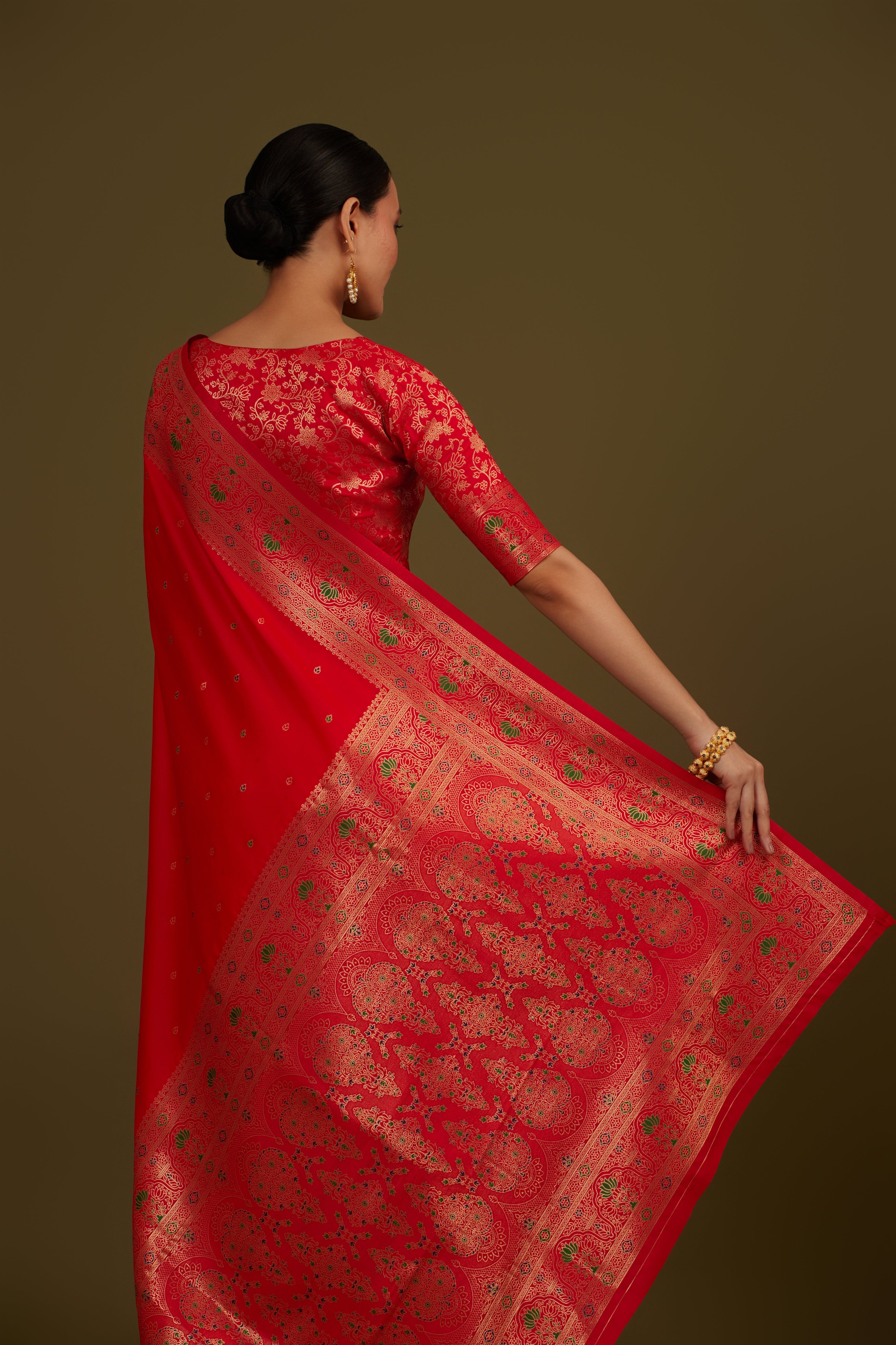 Red Banarasi Silk Blend Brocade Motifs Zari Woven Saree