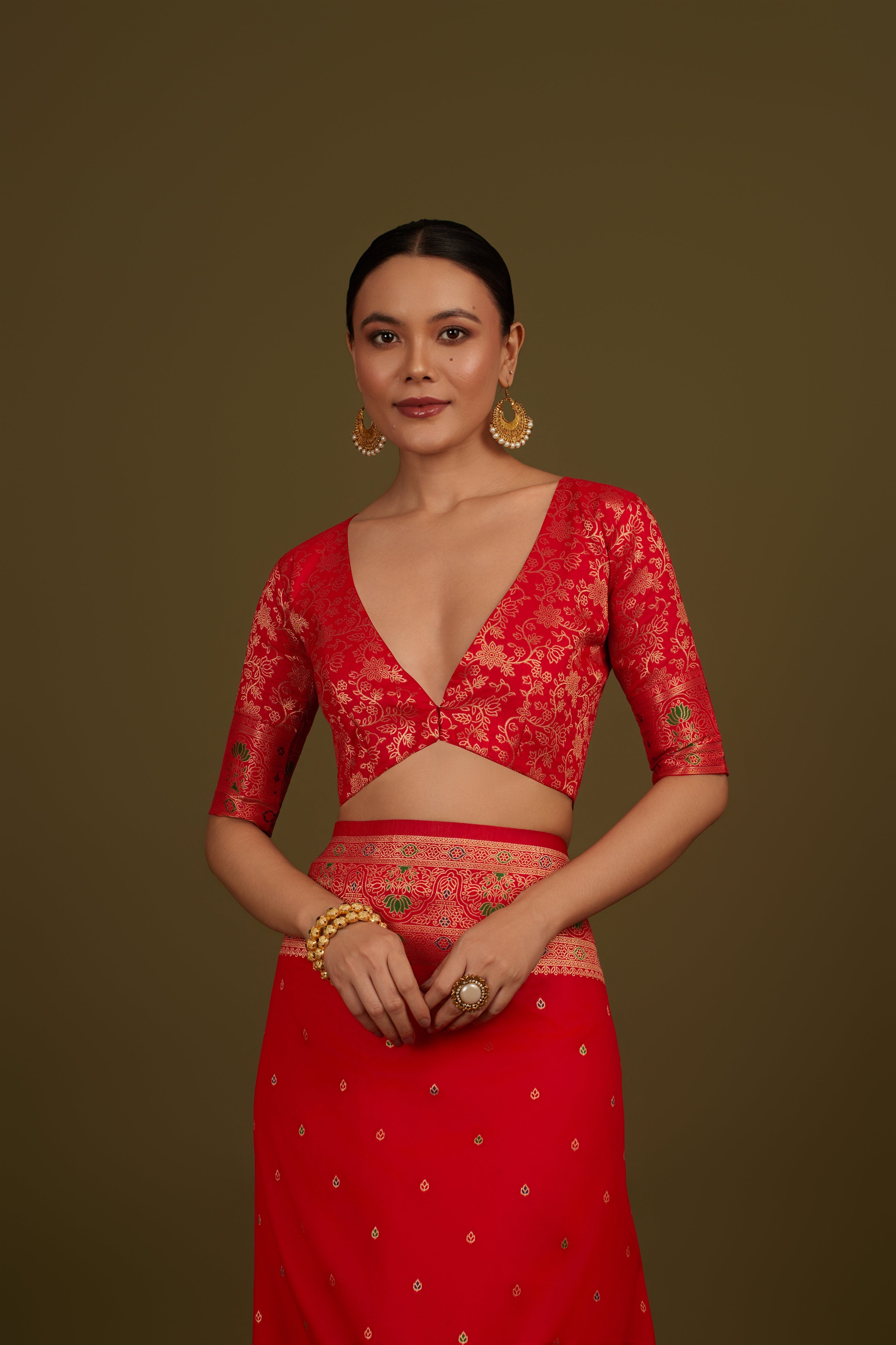 Red Banarasi Silk Blend Brocade Motifs Zari Woven Saree