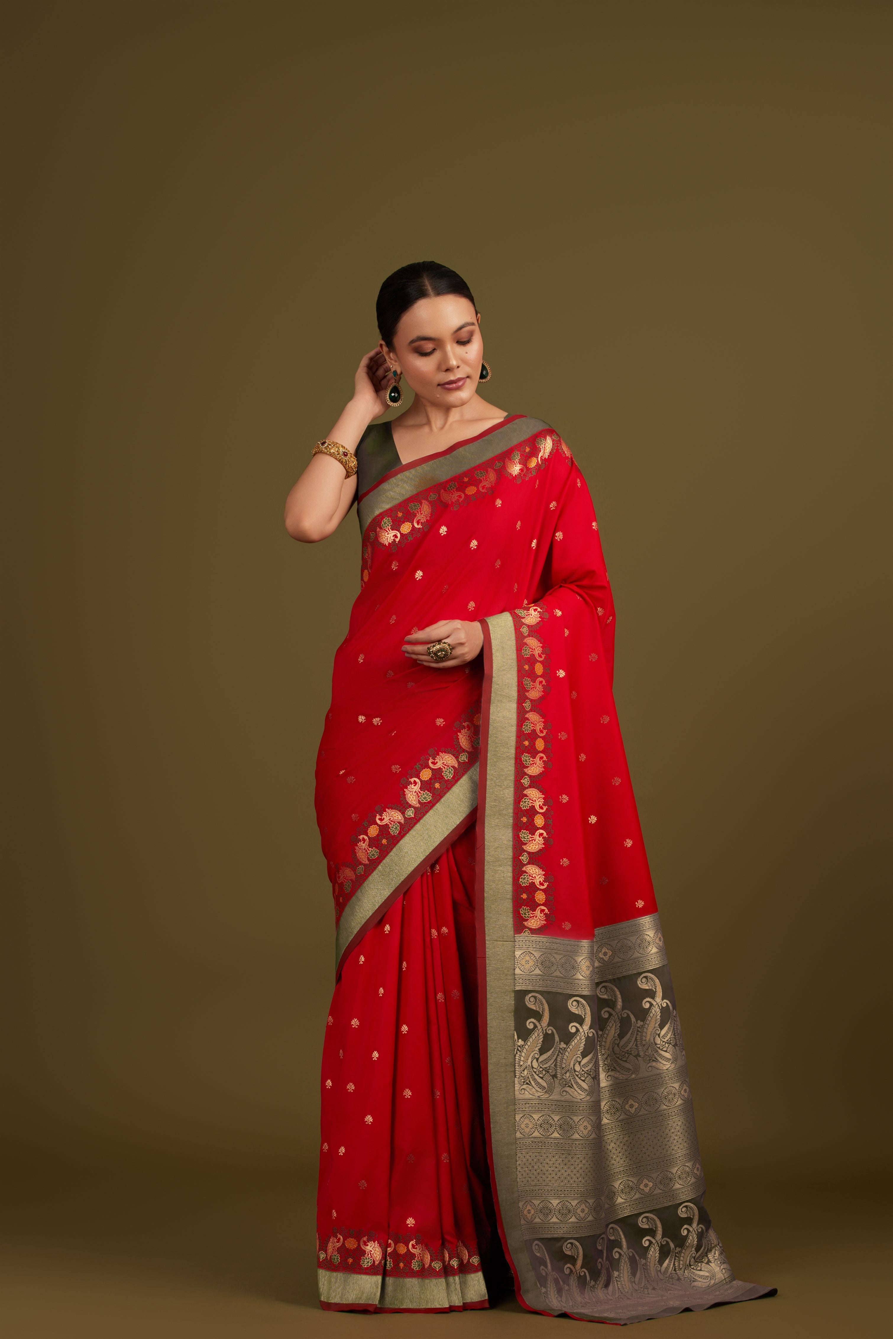 Red Banarasi Silk Blend Paisley Zari Pallu Saree